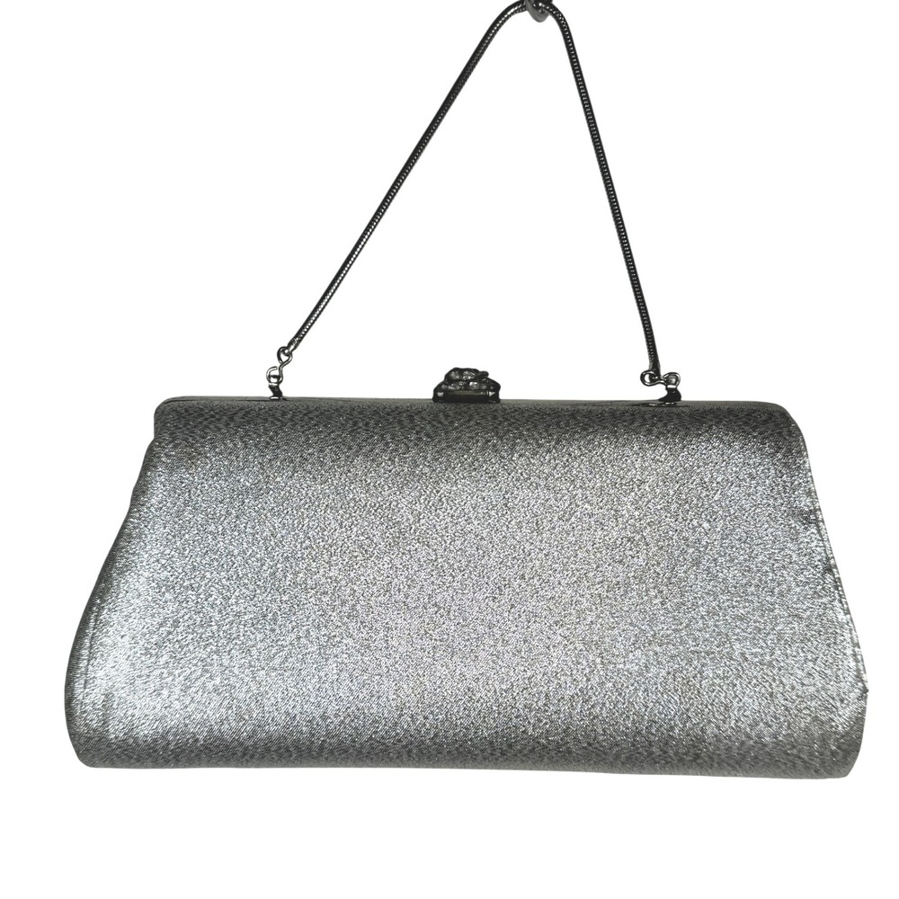 Sparkly Silver Evening Clutch Bag Rose Clasp Chain Strap Vintage retro‎